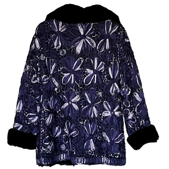 New Tapestry Art Purple Black 100% Silk Rabbit Fur Jacket Coat - Picture 3 of 8